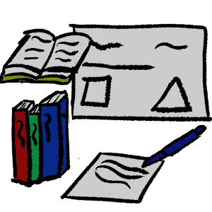 black outlines, in the top right a whiteboard with scribbles and shapes, on the top left is an open  book with a yellow-green cover, beneath it is a row of standing books from left to right, a red one, a green one and a blue one. to the right of that is a blue pen writing on a paper